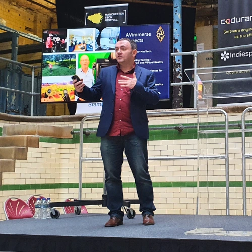 Keith delivering his keynote talk at the Manchester Tech Conference after rehearsing and refining it with Project Charisma’s 1-to-1 public speaking coaching