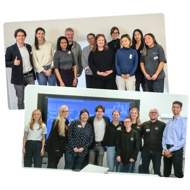 Two group photos of Mulberry UK teams smiling after completing Project Charisma’s 1-day corporate public speaking and communication training course at their head offices