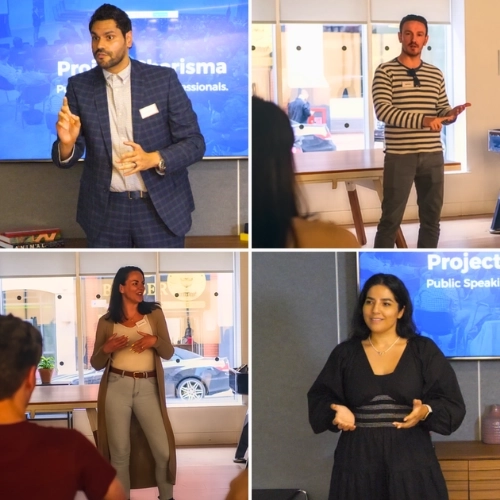 Participants practising public speaking skills during Project Charisma training sessions – professionals presenting back to the room using learned techniques